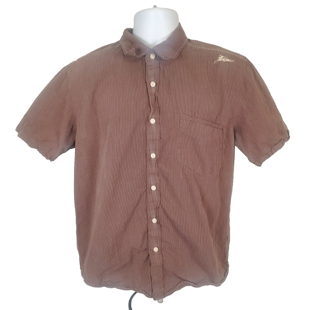 Fox Racing Men's Large Shirt Button Up Short Sleeves Brown 100% Cotton